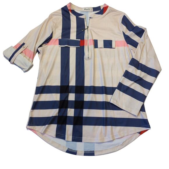 Moyabo Long sleeve QTR zip Color Block Mandarin Collar Cream Blue Pink Size L - Picture 1 of 6